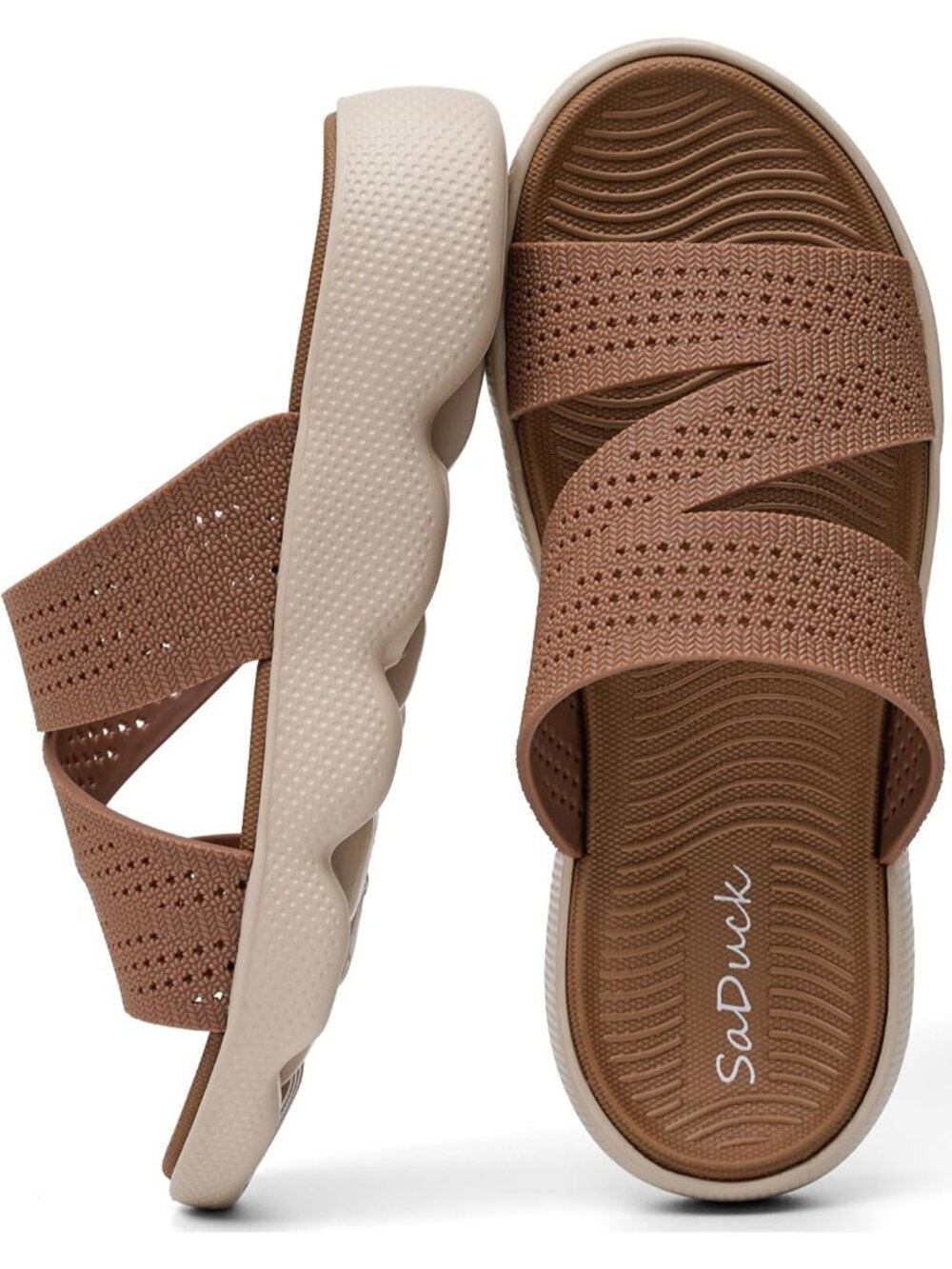 Women's Tan Beach Sandals Cute Slip On Summer Slides Sandals Vacation